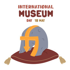 International Museum Day on May 18. metal helmet on a pillow. Military protection. Flat color illustration for use in posters, articles, and social media related to science and history. Square Banner
