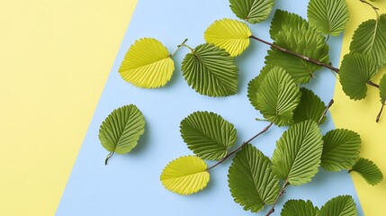 Fototapeta premium Vibrant Green and Yellow Leaves on Pastel Background