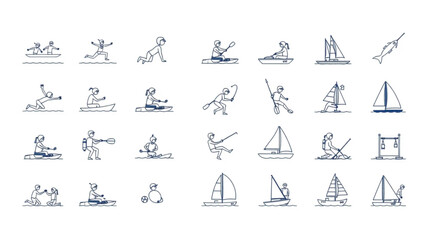Illustration depicting various water sports and activities including sailing kayaking and swimming in line art created with generated ai