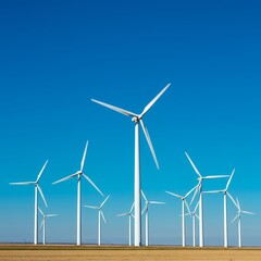 Multiple wind turbines in row under blue sky on open field