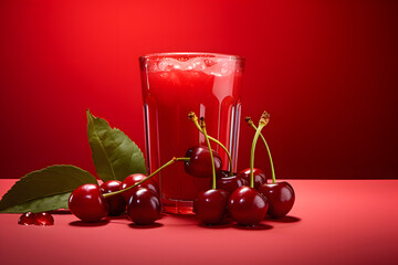 Cherry juice with cherries on a red background