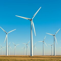 Wind farm in flat terrain with clear blue sky
