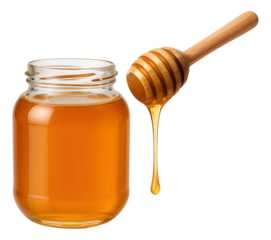 A jar filled with golden honey next to a wooden honey dipper with honey dripping from it.