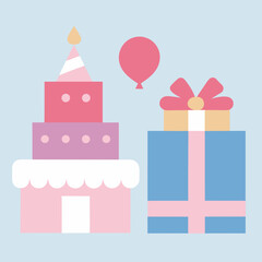 Different color birthday cake with gifts vector on colorful background.