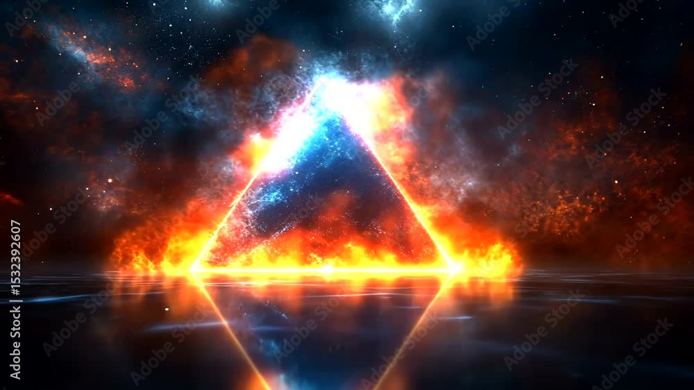 Poster abstract triangle portal with fire and ice elements in a reflective space