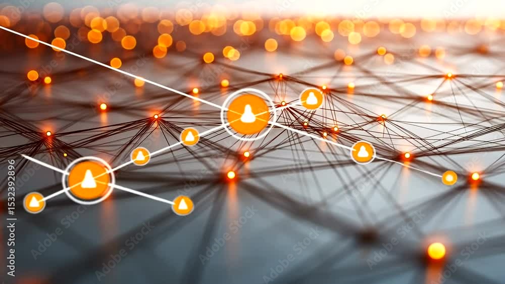 Poster abstract technology network with glowing nodes connecting human avatar icons over time