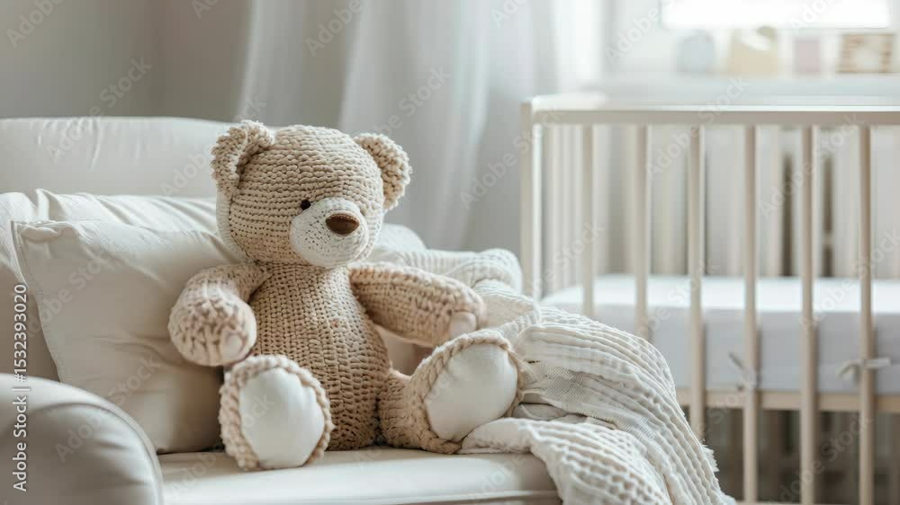 Poster a cozy nursery setup showcases a handmade teddy bear on a soft couch, creating an inviting space for