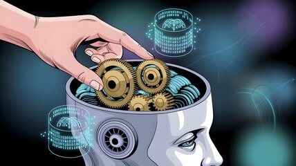 Hand Operating Gears Inside Artificial Intelligence Brain Illustration