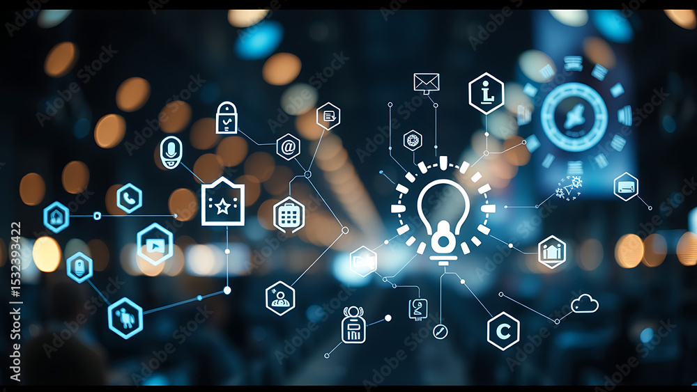 Aufkleber exploring the impact of artificial intelligence through various icons representing technology and co