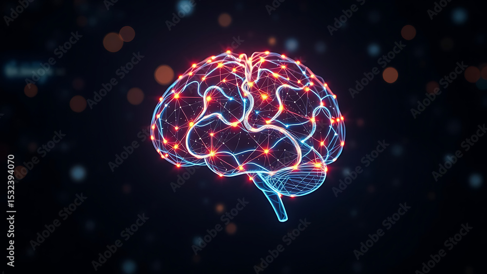 Aufkleber glowing digital brain made of interconnected nodes and lines on a dark futuristic background