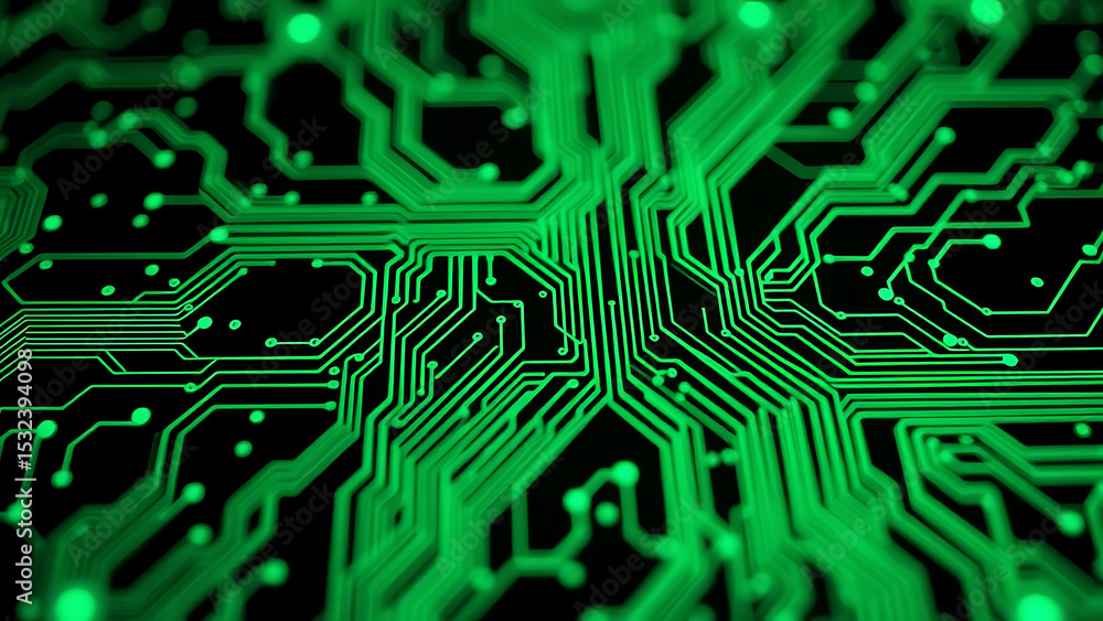 Poster green circuit board pattern with connecting lines and nodes abstract technology background the compo