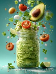 A jar of guacamole with flying ingredients including tomato avocado onion and lime on a blue background
