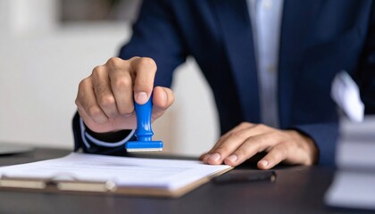 Hand man stamping documents notary public in office. Businessperson stamping approval of work finance banking or investment marketing documents on desk.