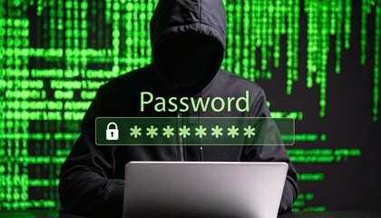 Hacker in silhouette targeting encrypted password data on a digital screen.