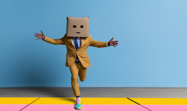 Man in yellow suit wwearing box over head with minimal expressionless face running toward the camera – surreal photo for identity and creativity concepts.