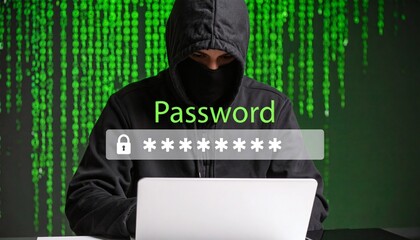 Hacker in silhouette targeting encrypted password data on a digital screen.