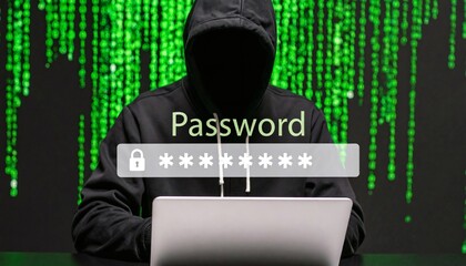 Hacker in silhouette targeting encrypted password data on a digital screen.