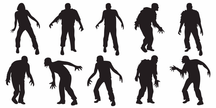 Silhouettes of ten zombies in various poses walking with outstretched arms in a spooky illustration vector design
