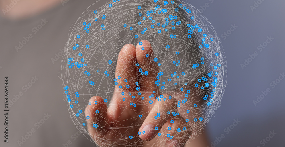 Aufkleber Abstract image of a hand interacting with a digital global network.  Perfect for tech, connection, and data concepts.