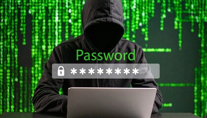 Hacker in silhouette targeting encrypted password data on a digital screen.