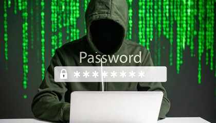 Hacker in silhouette targeting encrypted password data on a digital screen.