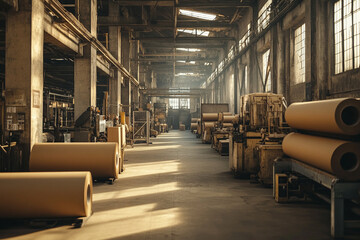 Sunlit industrial factory interior large rolls of paper production machinery