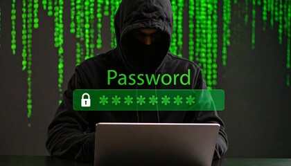 Hacker in silhouette targeting encrypted password data on a digital screen.