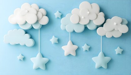 Light blue sky decorated with fluffy clouds and stars.