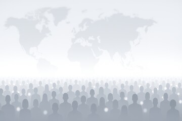 A conceptual image showing a large, anonymous crowd of human silhouettes in shades of gray, facing forward. In the background, a soft world map fades into a misty white gradient, 