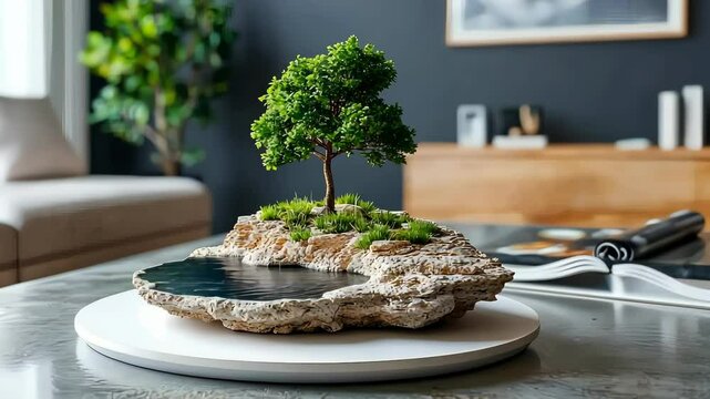 Artistic miniature tree planted on a stone slab with water, displayed on a rotating platform in a modern interior