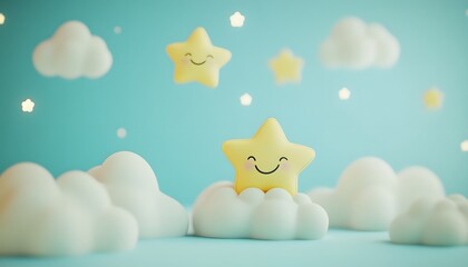Cheerful star resting on a soft cloud.