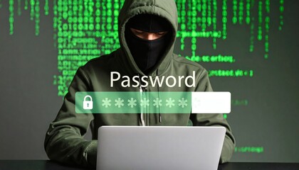 Hacker in silhouette targeting encrypted password data on a digital screen.