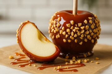 Caramel apple with nuts and sliced piece dripped in caramel on paper
