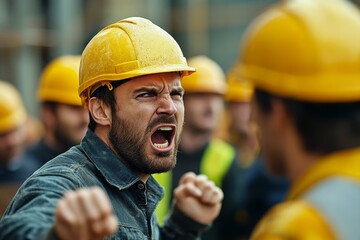 Contractor and construction workers having a conflict over a projects progress, arguing loudly at the construction site, highlighting issues in the workplace, Generative AI