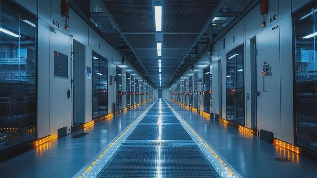 Data Center Corridor: A long, symmetrical corridor of a modern data center, illuminated by cool blue lights, creates a sense of technological prowess and futuristic efficiency.