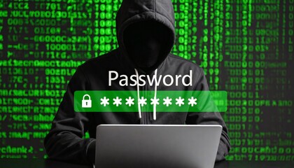 Hacker in silhouette targeting encrypted password data on a digital screen.