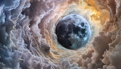 A celestial body surrounded by swirling clouds in a vibrant nebula.