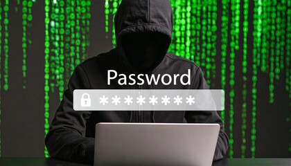 Hacker in silhouette targeting encrypted password data on a digital screen.