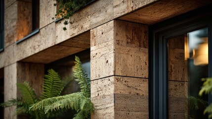 Contemporary building facade with natural stone cladding and lush greenery
