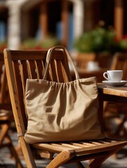 Beige tote bag on wooden chair at outdoor café with coffee cup