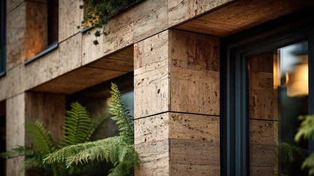 Contemporary building facade with natural stone cladding and lush greenery