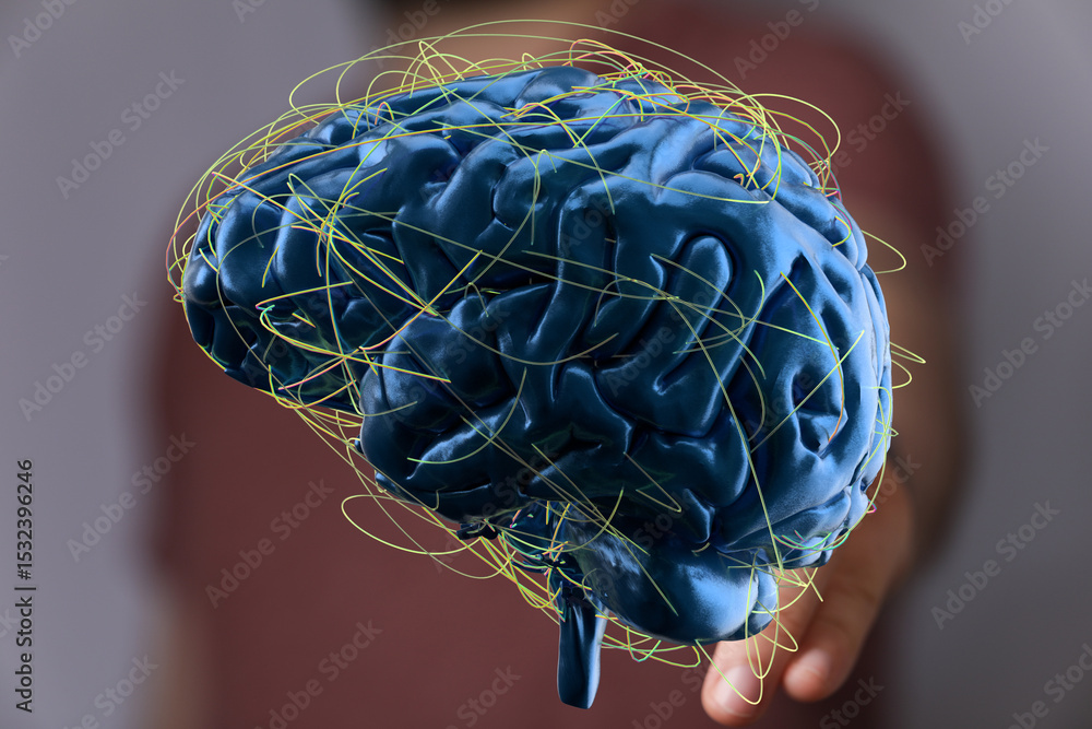 Poster 3D rendering of a human brain with glowing neural connections.  Perfect for neuroscience, AI, or technology concepts.