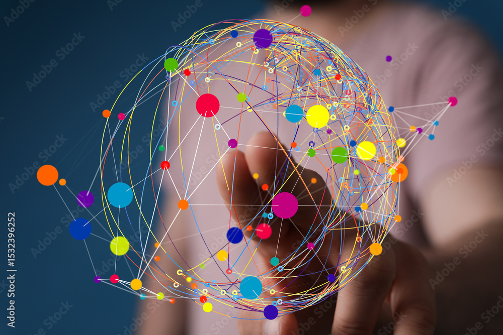Poster Abstract image of a colorful network connecting the world.  Ideal for technology, global communication, and networking concepts.