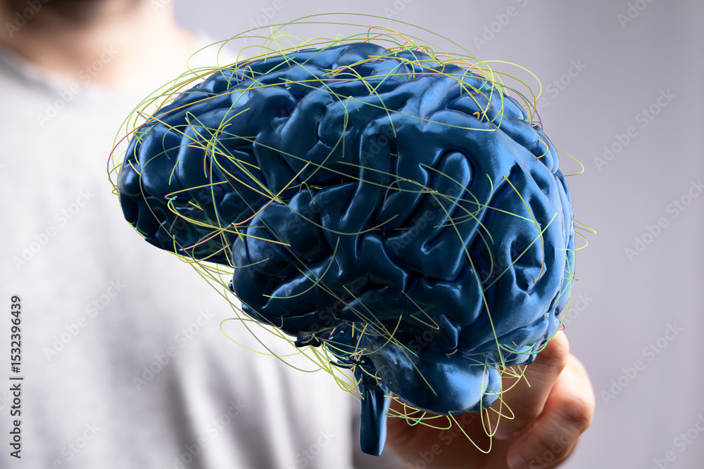 Poster 3D rendering of a human brain with neural connections.  Perfect for AI, neuroscience, and technology concepts.