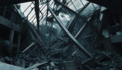 Wreckage of a destroyed building after a disaster.