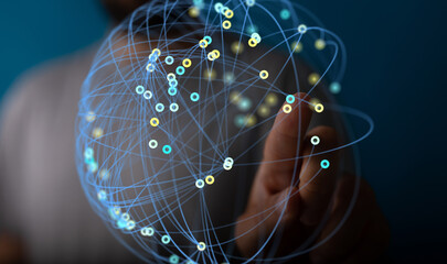Image depicts a hand interacting with a digital network, illustrating global connections and data...