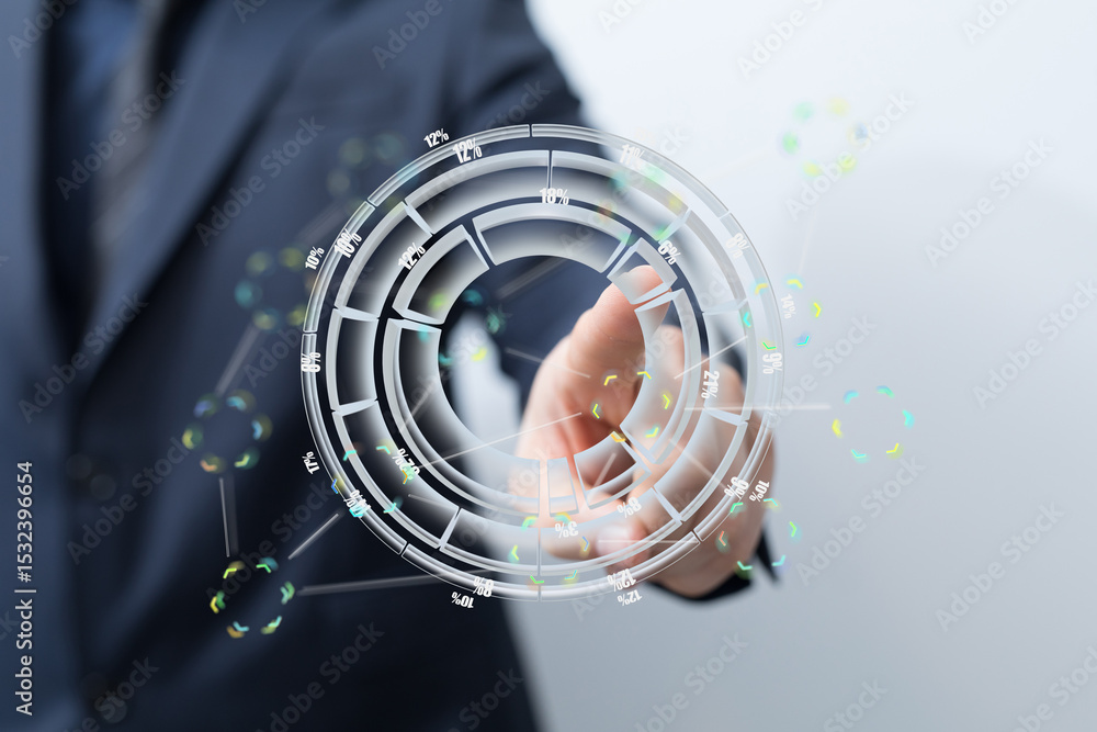 Poster A businessman interacts with a futuristic holographic interface displaying data and charts.