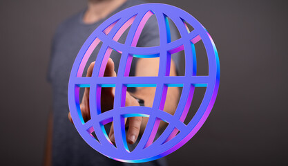 Person interacting with a digital globe, representing global reach, connection, and technology.
