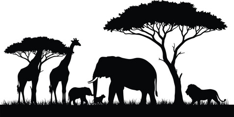African wildlife silhouette with giraffes, elephants, lion, acacia trees in savanna scene for jungle nature, forest animal, safari design © Legend Monir