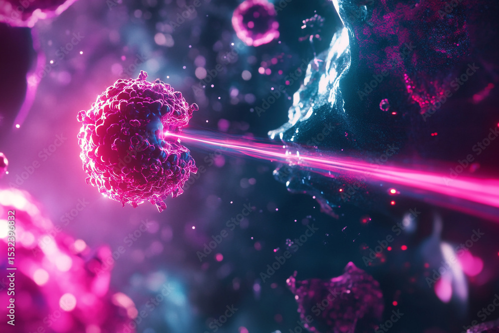 Poster laser beam targeting a cell microscopic view of cellular destruction